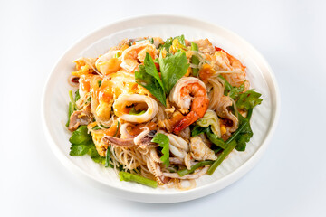 fried  sukiyaki pork and seafood with vegetable and sukiyaki sauce, Thai street food