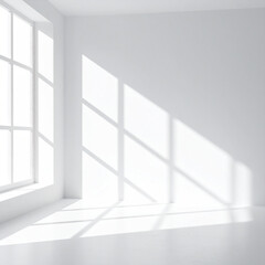 Fototapeta premium Diagonal sunlight casting window frame shadow on white wall, clean and geometric