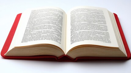 Open red hardcover book displaying text pages on a white background view full