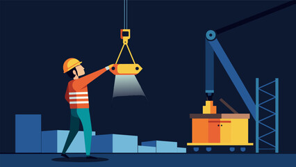 A worker using a flashlight to guide the crane operator in placing the load in a dark and tight space.. Vector illustration