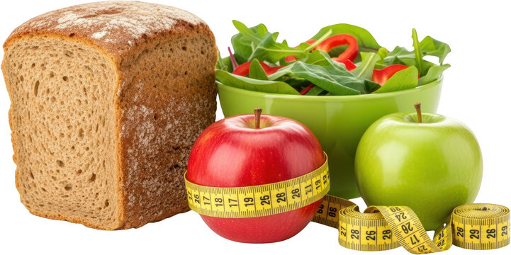 Whole grain bread red and green apples salad and measuring tape represent healthy eating transparent background