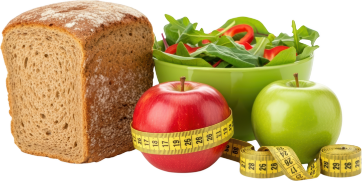 Whole grain bread red and green apples salad and measuring tape represent healthy eating transparent background