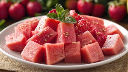 Refreshing Watermelon and Raspberry Salad with Mint Garnish on White Plate