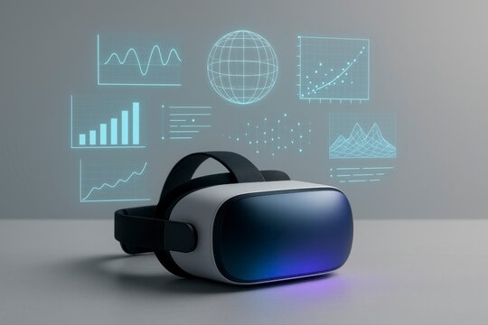 Futuristic virtual reality headset displays financial data and global information on a modern gray surface. - Powered by Adobe