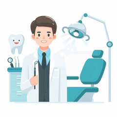 Cartoon dentist smiles in office with chair lamp tooth tools and cabinet