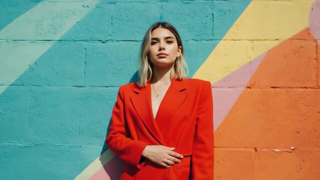 fashion model in red coat standing against brick colorful wall zoom in.ai 