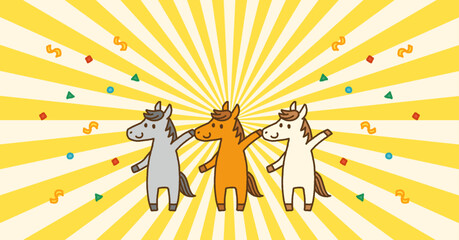 2026年 午年 年末年始 セール バナー 馬のキャラクターと紙吹雪の背景（余白あり）