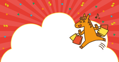 2026年 午年 年末年始 セール バナー 馬のキャラクターと紙吹雪の背景（余白あり）