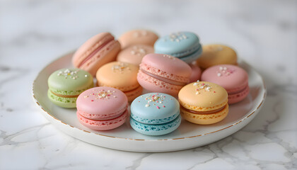 Plate full of assorted colorful macarons placed on a table, capturing the vibrant dessert textures and sweet variety in an elegant food presentation