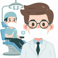 Cartoon depiction of two dentists one seated in a chair the other standing in front All are wearing protective masks