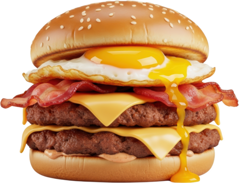 Double cheeseburger with bacon fried egg and dripping cheese isolate double burger