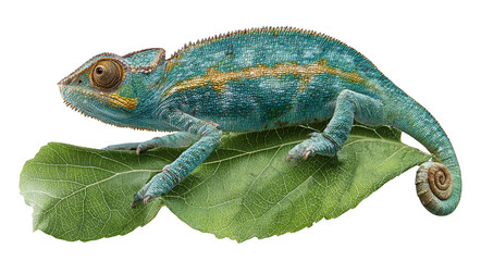 Obraz premium Chameleon sitting on a white background showing colorful scales and natural reptile features