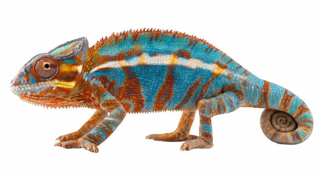 Chameleon resting alone on white background with vivid green scales and reptile features