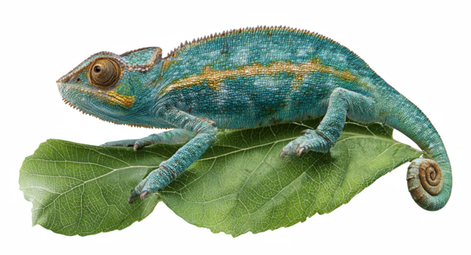 Chameleon sitting on a white background showing colorful scales and natural reptile features