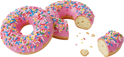 Pink frosted donuts with colorful sprinkles one donut bitten crumbs scattered transparent background
