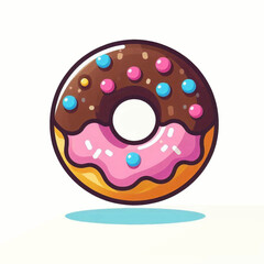 Cartoon donut with pink and brown icing topped with colorful sprinkles floating with a light blue shadow