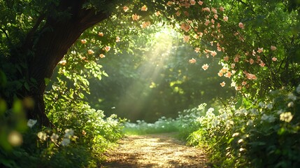 Sunlight Filtering Through Trees in a Colorful Garden
