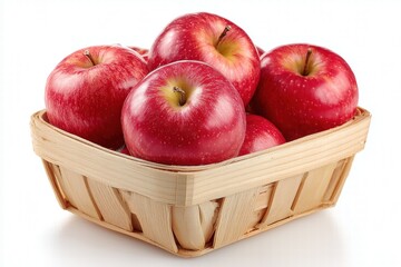 Fresh Red Apples in Light Wooden Basket Shadowless Isolated on White, High Detail Realistic Fruit Still Life for Healthy Eating and Commercial Design