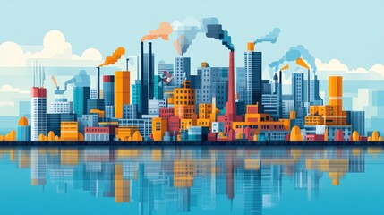 a colorful illustration displaying a stylized industrial cityscape with reflections on the water surface suggesting themes of urban landscapes and environmental concerns