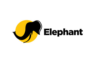 Simple elephant logo, black silhouette on yellow. Elephant head showing trunk and ears, vector illustration.