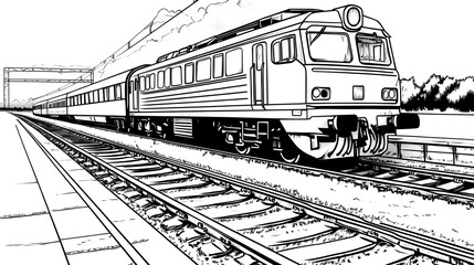 Naklejka premium Black and white illustration of a train at a station.