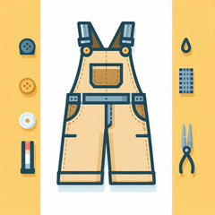 Cartoon image showing yellow overalls surrounded by sewing tools