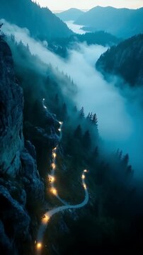 Winding Mountain Road Through Foggy Forest with Headlights Glowing at Dusk &ndash; Aerial View
