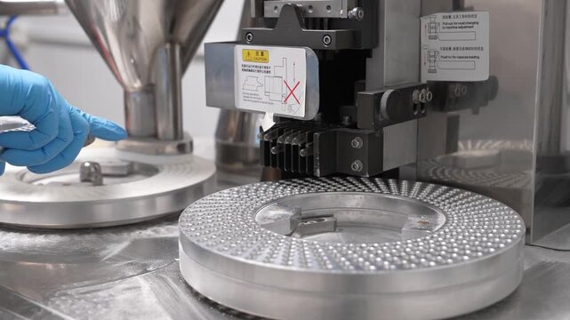 Close-up of a pharmaceutical technician wearing sterile gloves and protective uniform operating a tablet press machine during vitamin or medicine production in a cleanroom facility.