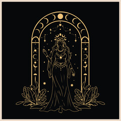 A vector illustration of a mystical goddess with flowing hair adorned with moon phases standing in an archway.
