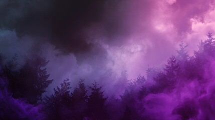 Fototapeta premium and set of keywords for the image you providedEerie Forest Scene with Dense Fog in Shades of Violet, Purple, Black, and Cyan