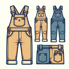 Cartoon overalls tan  blue Bib front adjustable straps pockets  cuff details