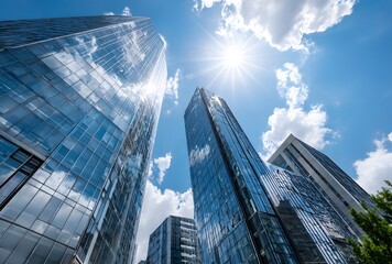 Fototapeta premium Modern skyscrapers pierce a brilliant blue sky.