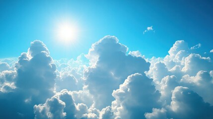 serene skyscape featuring cumulus clouds floating under a bright sun illuminating a vivid blue expanse conjuring feelings of tranquility and expansive freedom