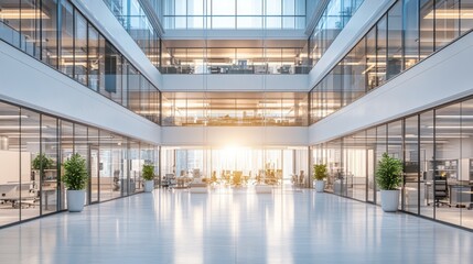 illuminated atrium showcases an innovative workspace promoting collaboration with its expansive layout, light-filled architecture and minimalist design elements
