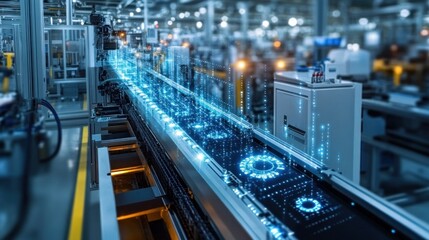 illuminating the future of manufacturing: a visualization of data flowing through a modern automated assembly line with integrated technology and digital enhancement