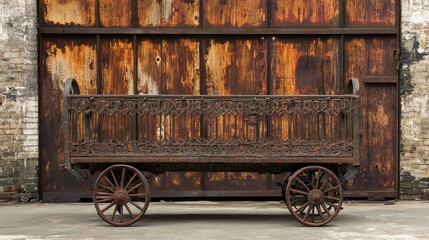 Obraz premium Vintage Iron Trolley with Ornate Railing Against a Rusty Industrial Backdrop, Evoking a Sense of History and Decay