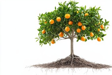 Orange tree with root system isoleted on white background
