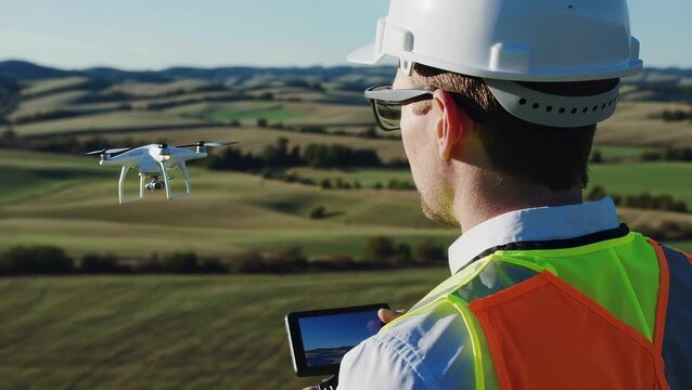Caucasian Male Adult Engineer Operating Drone in Rural Landscape with Remote Control                    
