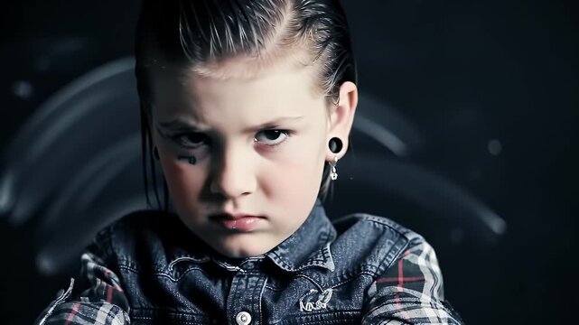Stern Young Child with Tattooed Arms Cross in Studio on Black Background Wearing Denim Shirt and Expressive Makeup