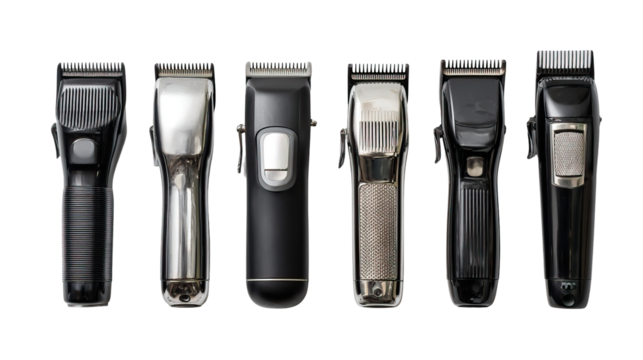 Flat lay of modern hair trimmer and nozzles on transparent background