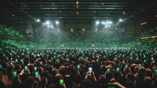 Crowd at concert venue with smartphones illuminated, vibrant green lights, excitement and energy creating electrifying atmosphere in a large gathering of fans