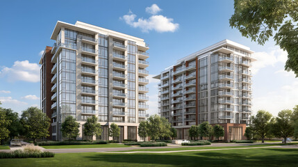 Modern Architecture and Luxury Apartments in Urban Skyline: Investment Property with Green Landscaped Grounds and Outdoor Space