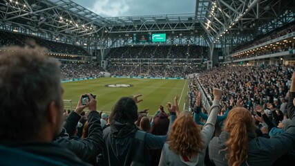 Enthusiastic Crowd Enjoys Live Soccer Match in Stadium Full of Fans Cheering and Celebrating Under Cloudy Skies with Exciting Atmosphere - Powered by Adobe