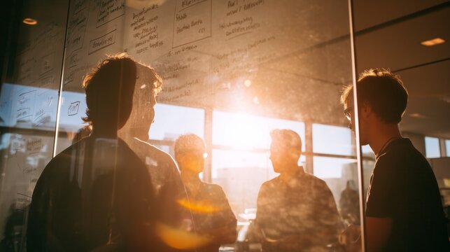 team brainstorming at whiteboard in bright glass-walled meeting room