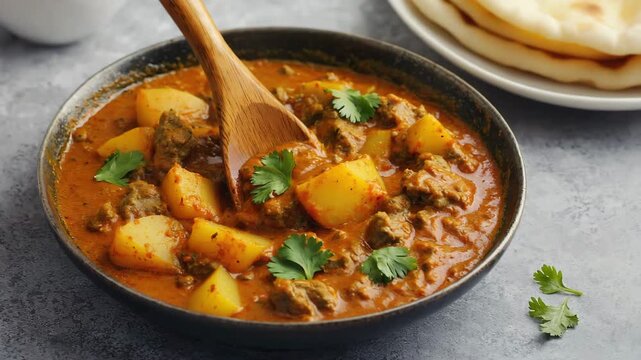 close-up of wooden spoon mixing potato and keema curry.ai 