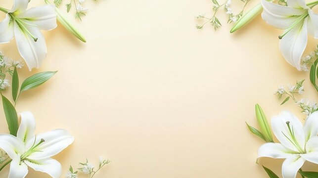 Elegant Floral Frame with White Lilies and Delicate Accents on a Soft Pale Yellow Background