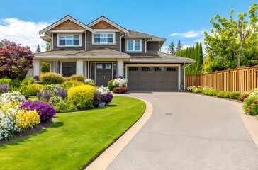 Fototapeta premium A well-maintained home with a landscaped driveway and colorful flowerbeds.