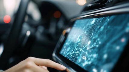 Hand interacting with a glowing, futuristic touchscreen display, likely in a modern vehicle, showcasing a complex network or data visualization. - Powered by Adobe