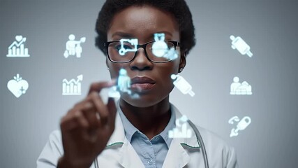 Focused doctor with futuristic data overlay - Powered by Adobe
