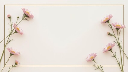 Obraz premium Elegant floral frame with light pink aster flowers and a golden border, perfect for invitations and announcements with ample copy space